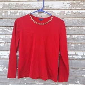 Chic Red Long Sleeve Top with Embellished Neckline Size Medium